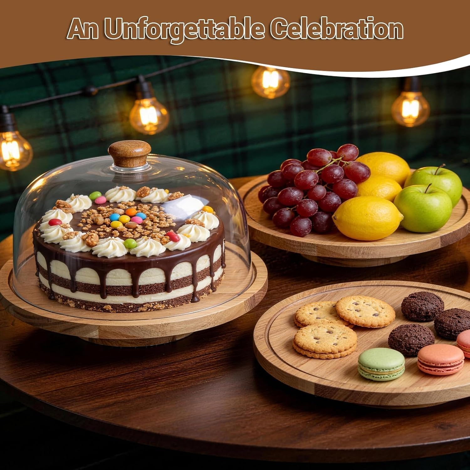 Rotating Cake Stand with Lid, 12in Wooden Cake Holder with Acrylic Dome, Flat Bottom Round Dessert Stand, Cake Display Stand for Baking, Wedding, Kitchen, Birthday, Parties(Not Glass Lid)